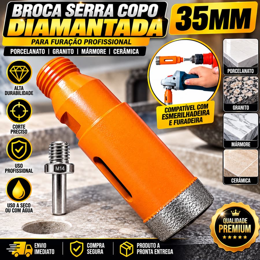 Broca Serra Copo Diamantada 35mm para Porcelanato Granito Mármore Ceramica Esmerilhadeira Furadeira