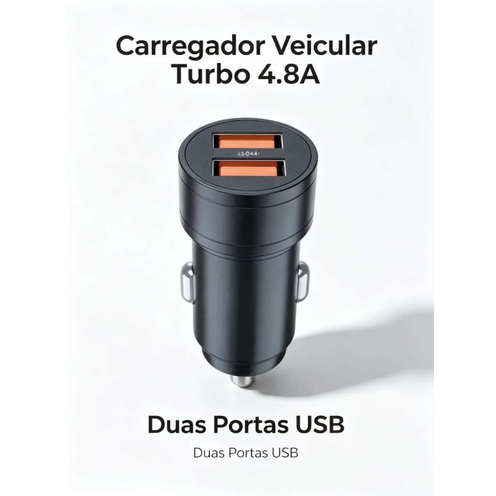 Carregador Veicular Turbo 2 Portas USB 4.8A, Carregador de Carro Rápido para Celular, Tablet