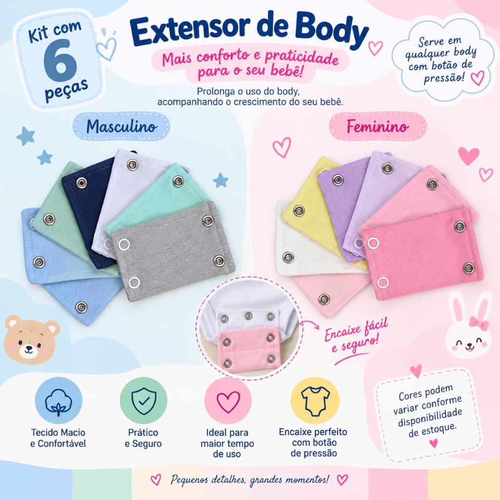 Kit 6 Extensor de Body Infantil Bebê Ajustável com Botão de Pressão Menino Menina Enxoval