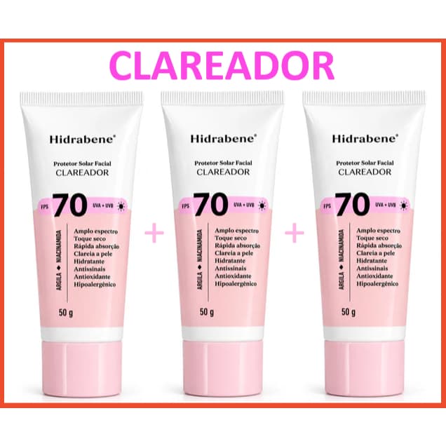Hidrabene 3 Protetor Solar Facial Clareador FPS 70 Toque Seco Antissinais Clareia a pele 50g
