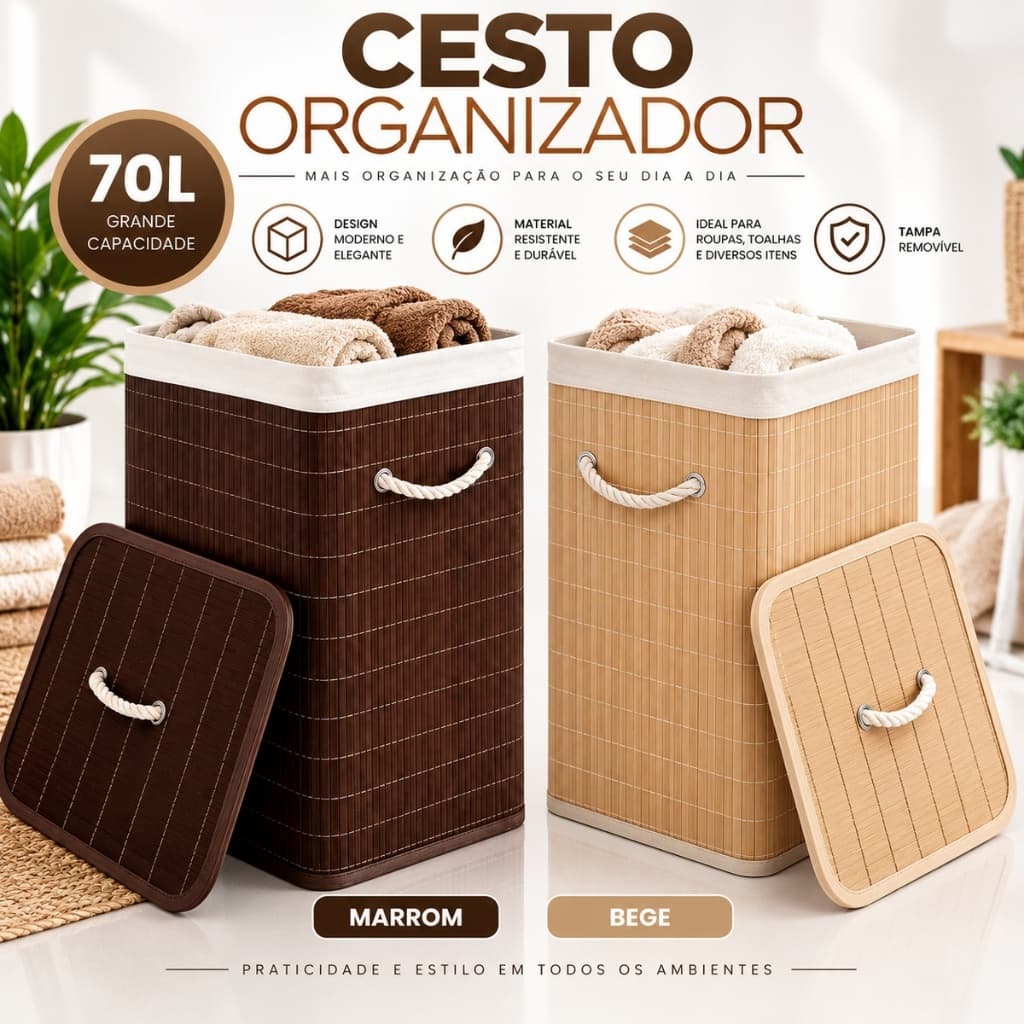 🧺Cesto Organizador de Roupas Banheiro 70L Tampa Dobrável Bambu  Marrom Bege🚚 Envio Rápido