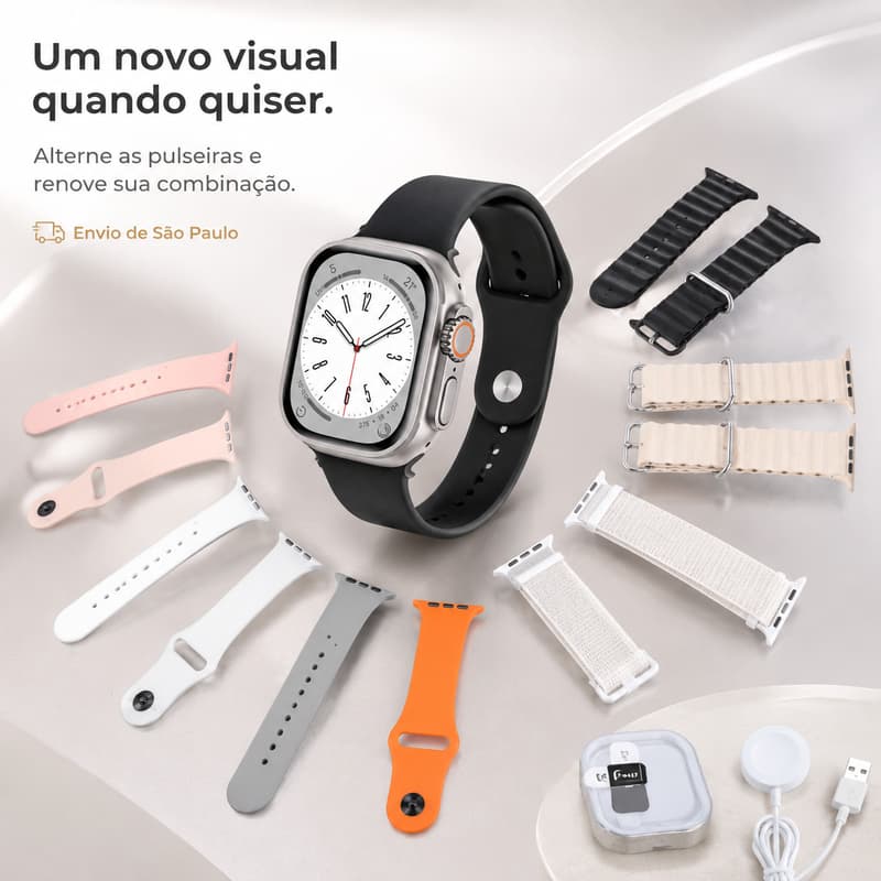 49MM Smartwatch com 8 pulseiras！Multifuncional Relógio inteligente original Receber mensagens Chamadas Bluetooth
