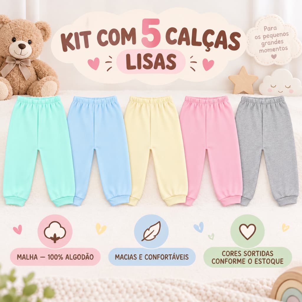 Kit 5 Mijão Calça de Malha Liso Infantil  Bebê Menino ou Menina 100% Algodao enxoval