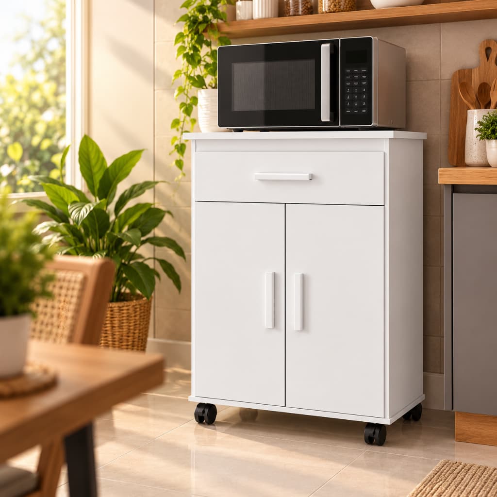 Balcão de Cozinha Juliana 2 Portas 1 Gaveta  Rodízios Armário Multiuso Organizador para Cozinha Casa Apartamento Hall