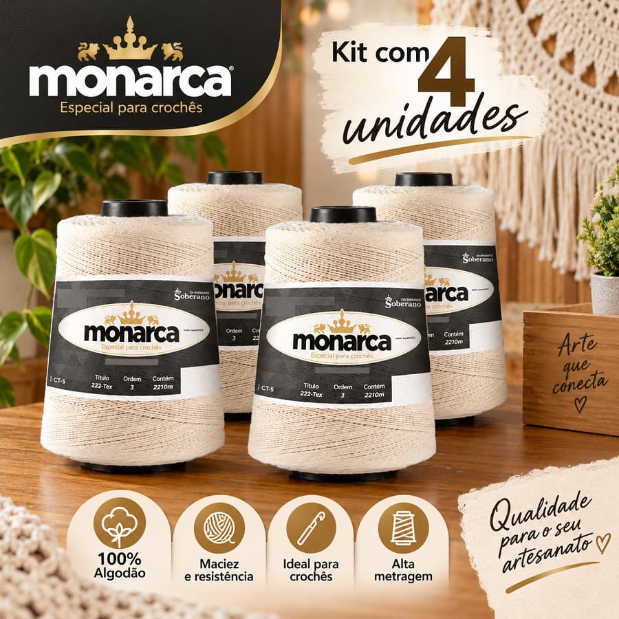 Kit 4 Barbantes Cru Monarca 500g 100% Algodão Fio 3 5 e 8 Soberano para Crochê Artesanato Costura Rede e Confecção