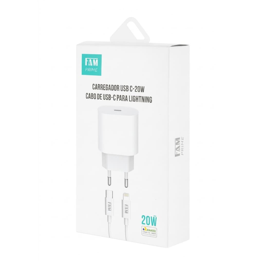 Kit Fonte + Cabo Carregador Rápido 20W Fam USB-C Turbo Compatível com Celular Android, Iphone Motorola