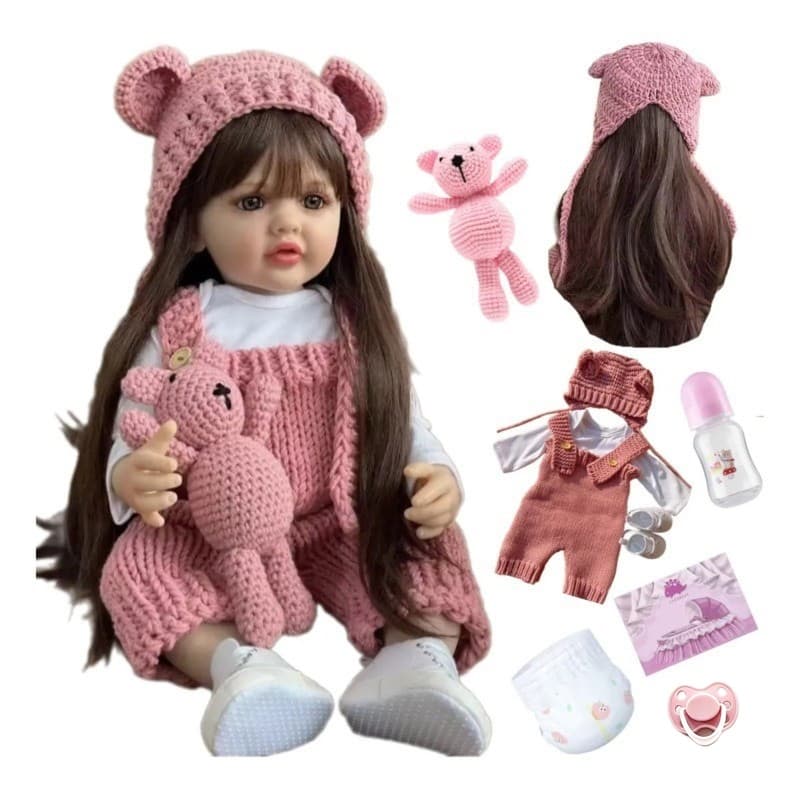 Boneca Reborn 55cm Bebê Realista com Roupa Rosa Chupeta Mamadeira Fralda e Ursinho
