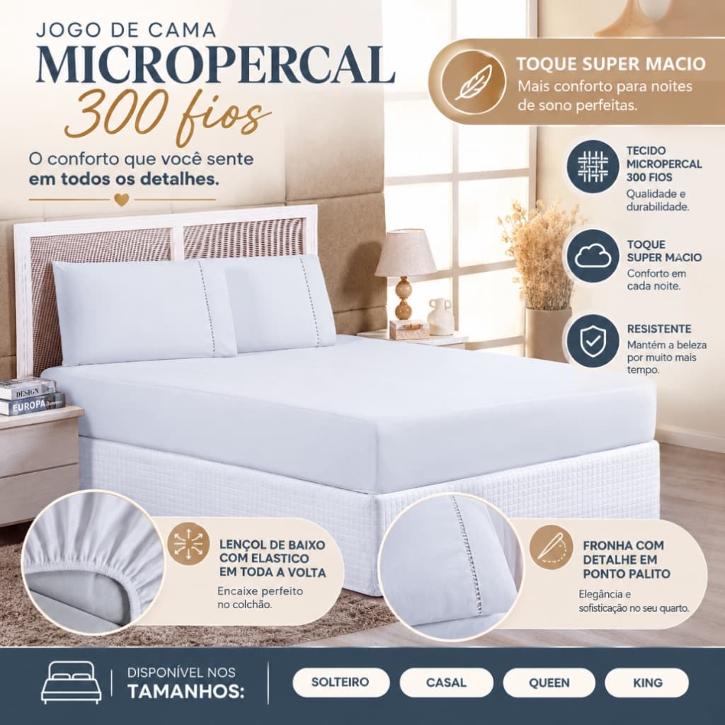 Jogo de Lençol Cama Casal Queen King Solteiro Micropercal 300 fios Lençol com Elástico e Fronha Toque Macio