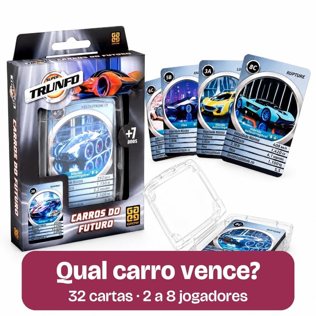 Super Trunfo Carros do Futuro Grow Jogo de Cartas de Carros 32 Cartas com Estojo para Família 2 a 8 Jogadores 7+
