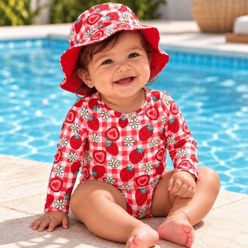 Conjunto Praia Bebê Menina Maiô UV50+ Manga Longa Chapéu Proteção Solar Piscina Respirável Toque Gelado Kit 2 Peças Leve
