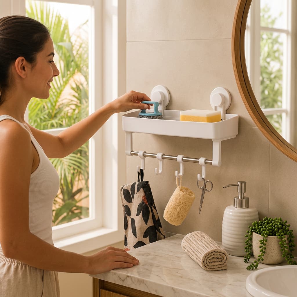🤩 Organizador Multiuso C/ Ganchos - Branco | Suporte de Parede Cozinha Banheiro