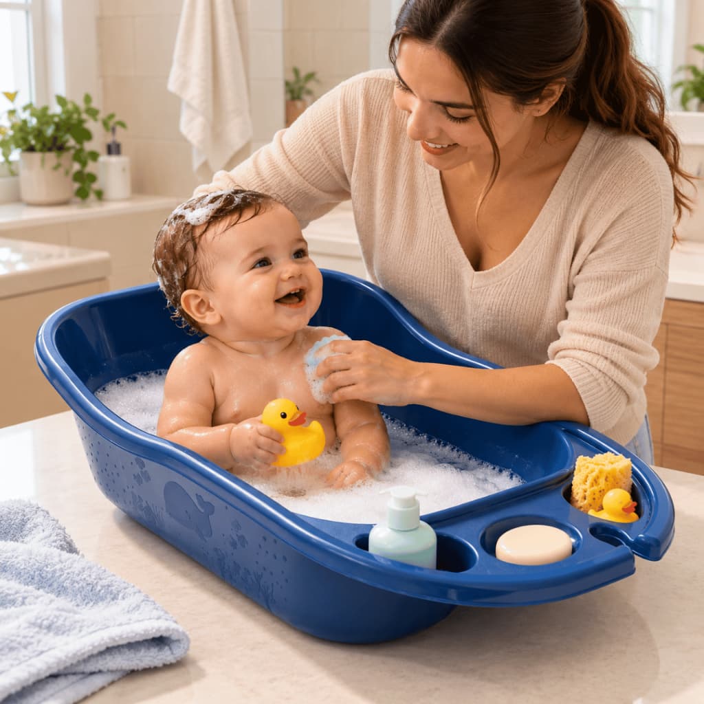 Banheira Infantil 34 Litros para Bebê com Porta Objetos | Sabonete Shampoo Azul ou Rosa Banho