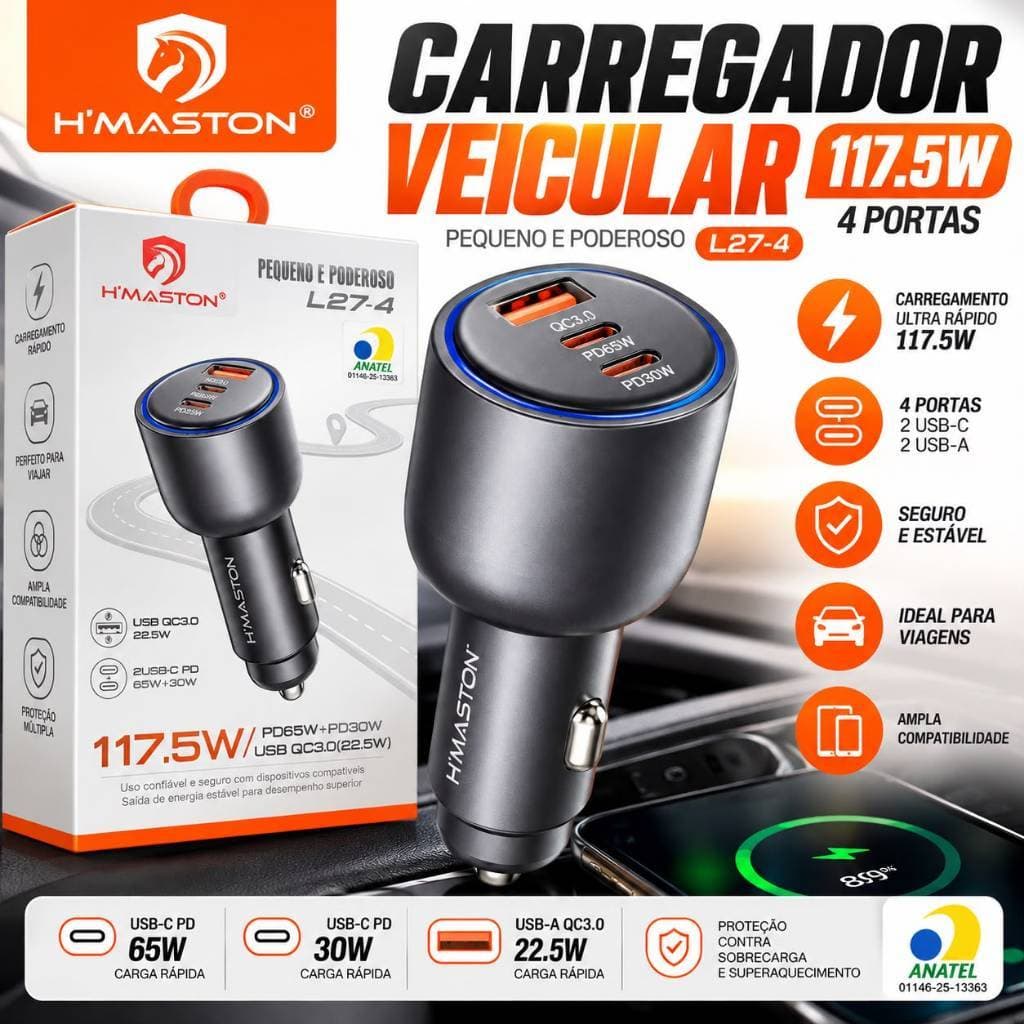 Carregador Veicular H’MASTON L27-4 117,5W Turbo 4 Portas USB e USB-C PD QC3.0 para Celular