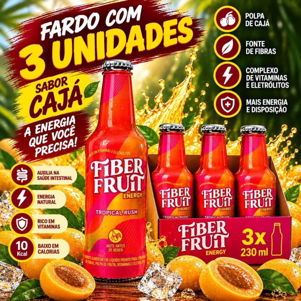 Fiber Fruit Energetico Cajá 230ml – Kit 3 Unidades | Bebida com Fibras, Vitaminas e Eletrolitos