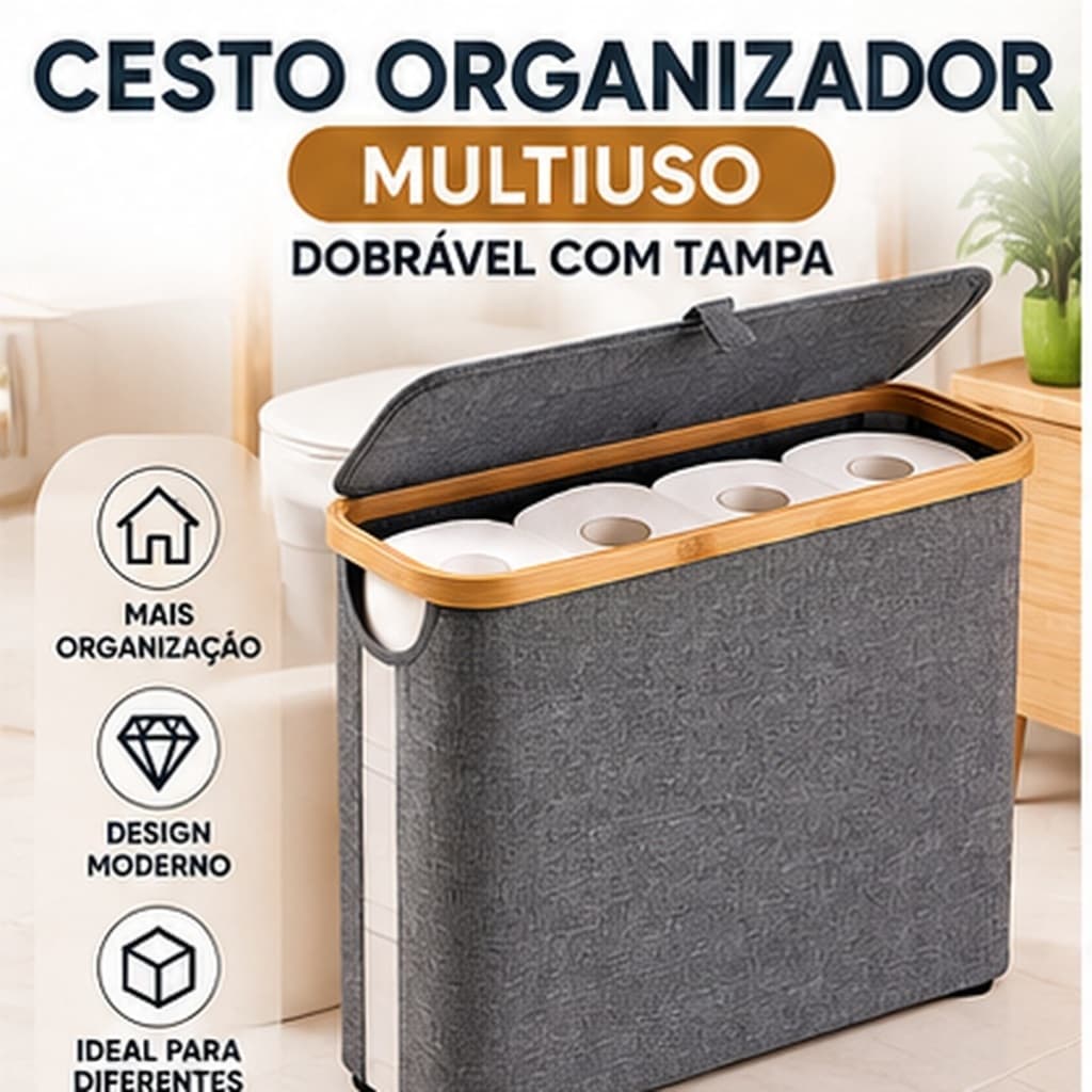Cesto Organizador Multiuso Dobrável com Tampa Bambu Cinza para Banheiro e Casa