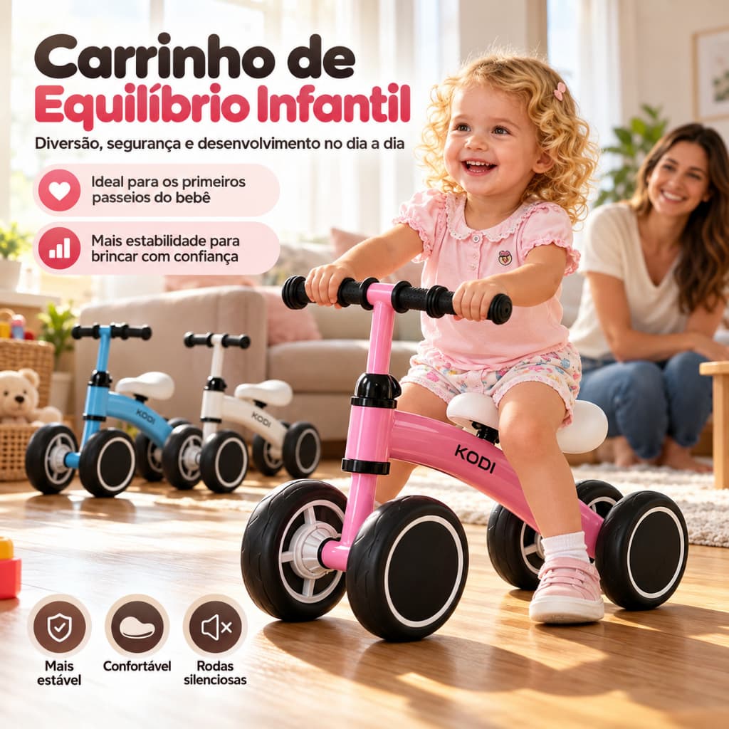 Carrinho de Equilíbrio Infantil 4 Rodas, Assento Confortável, Rodas Silenciosas e Guidão Antiderrapante