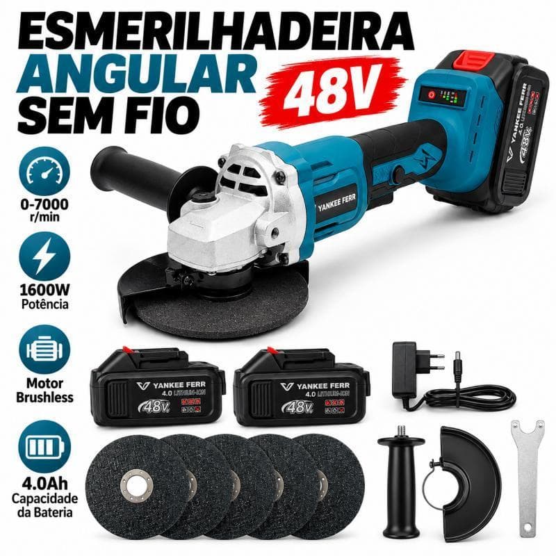 Esmerilhadeira Angular 115mm 48V Brushless 1600W 2 Baterias 4.0Ah Sem Fio Corte Lixa Desbaste