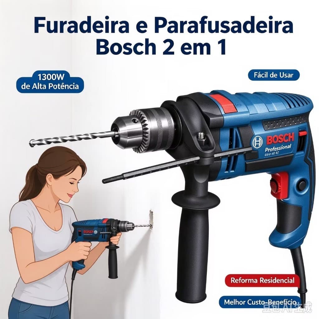 Furadeira Parafusadeira Bosch 2 em 1 1200W Alta Potência para Reformas Domésticas, fura e aparafusa