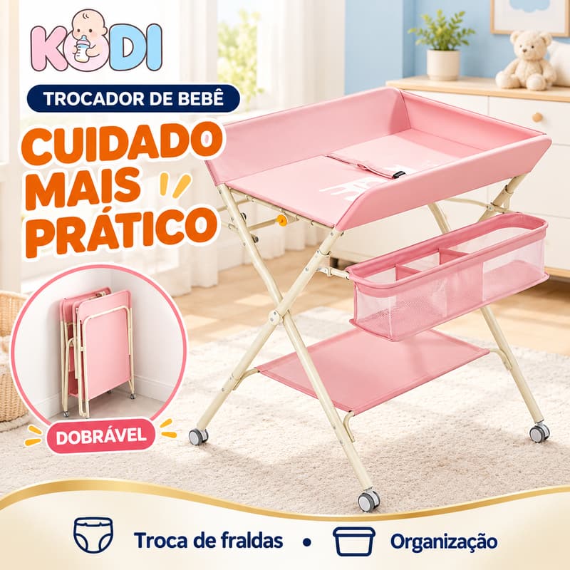 Trocador de Bebê Dobrável 3 Alturas com Cesto Organizador, Rodízios e Espaço para Banheira KODI