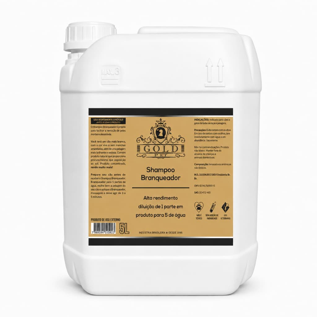 Shampoo Pet Gold Branqueador Vegano Para Cães e Gatos de Pelo Branco Galão 5L Diluição 1:5 Pet Family