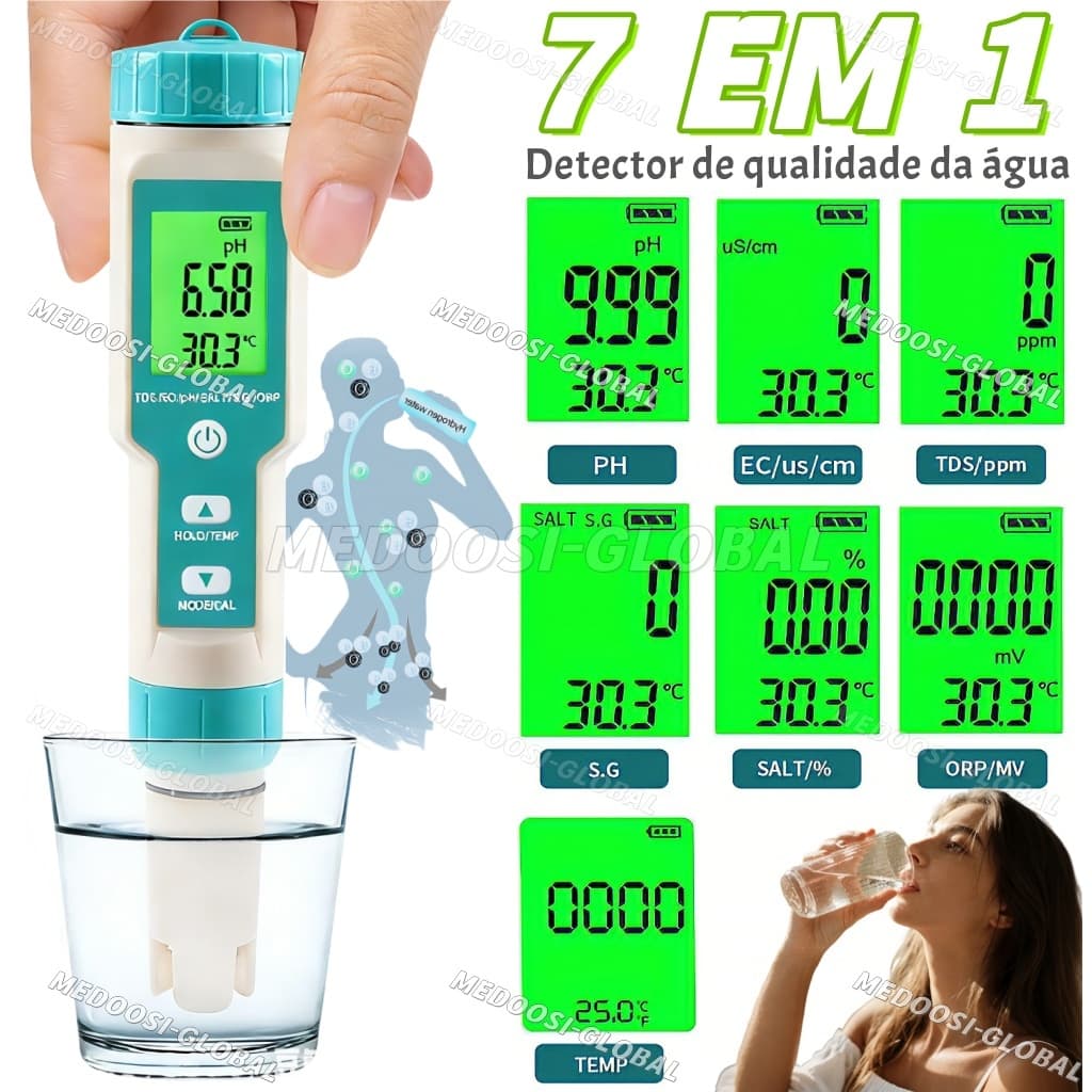 Medidor Digital 7 Em 1 Ph Ec Tds Orp Sg Salinidade E Temperatura De Potável , Piscina , Hidropônicos