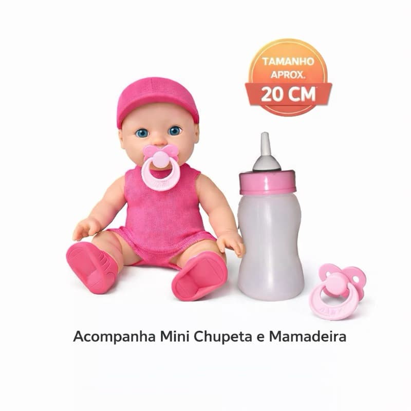 Boneca menina Bebê 20cm infantil com chupeta/Mamadeira – Presente Infantil Menina