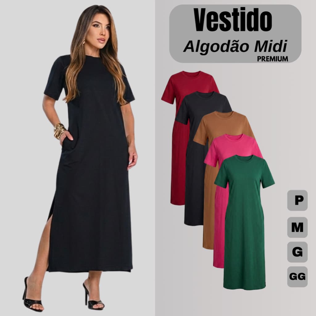 Vestido Midi Malha Algodao de Manguinha Casual Basico Evangelico