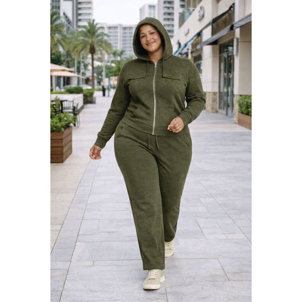 Conjunto Feminino Plus Size  Conjunto moletom malha Rib  Com Zíper, Bolso e capuz  Frio Inverno