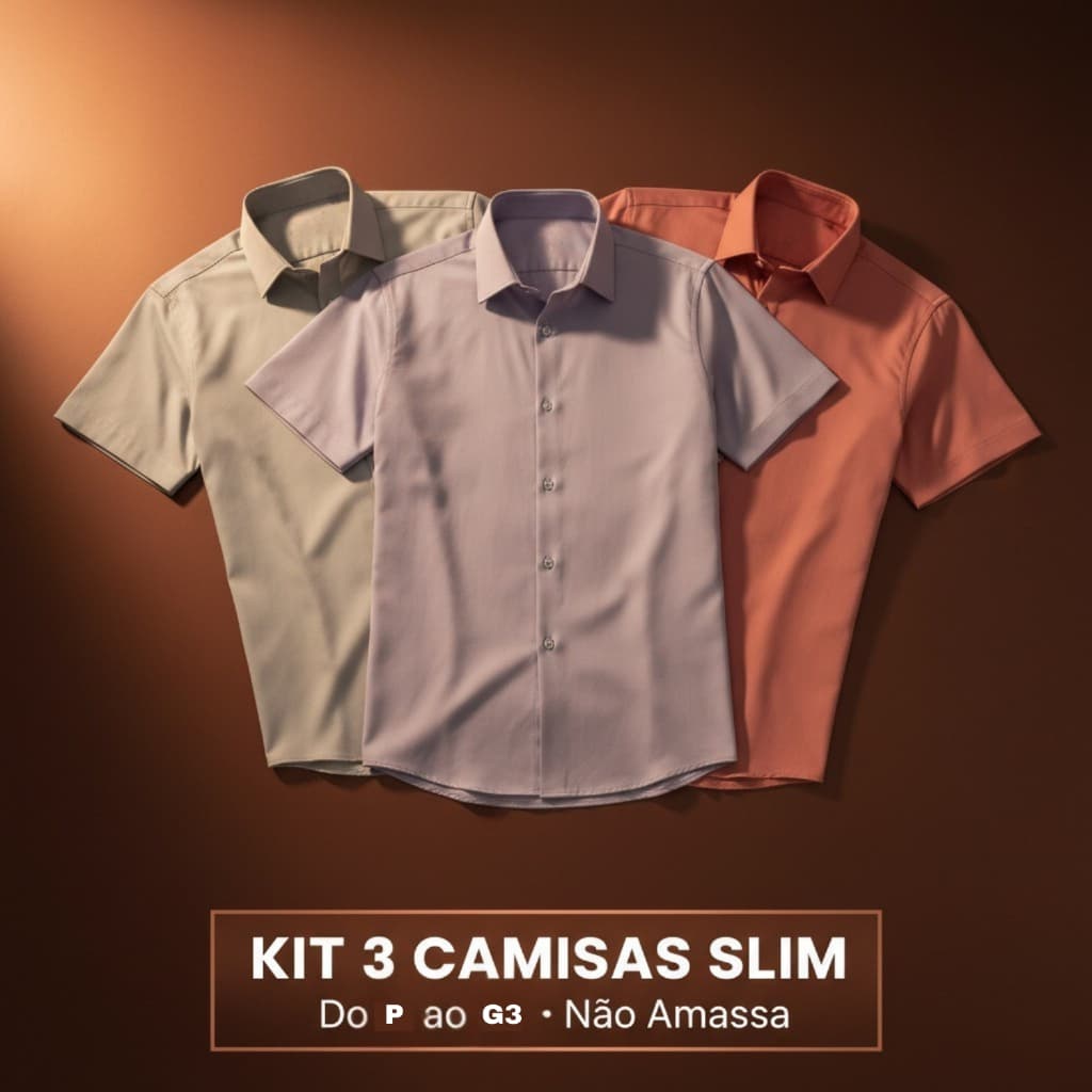 Kit 3 Camisa Social Masculina Manga Curta Slim Lisa Extra Grande Plus Size