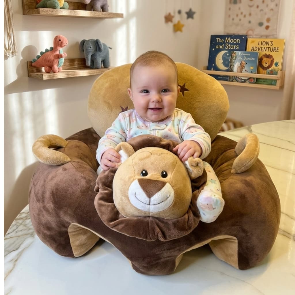 Assento Cadeirinha de Pelúcia Leão Safari Fofinho 40cm Antiderrapante para Bebês