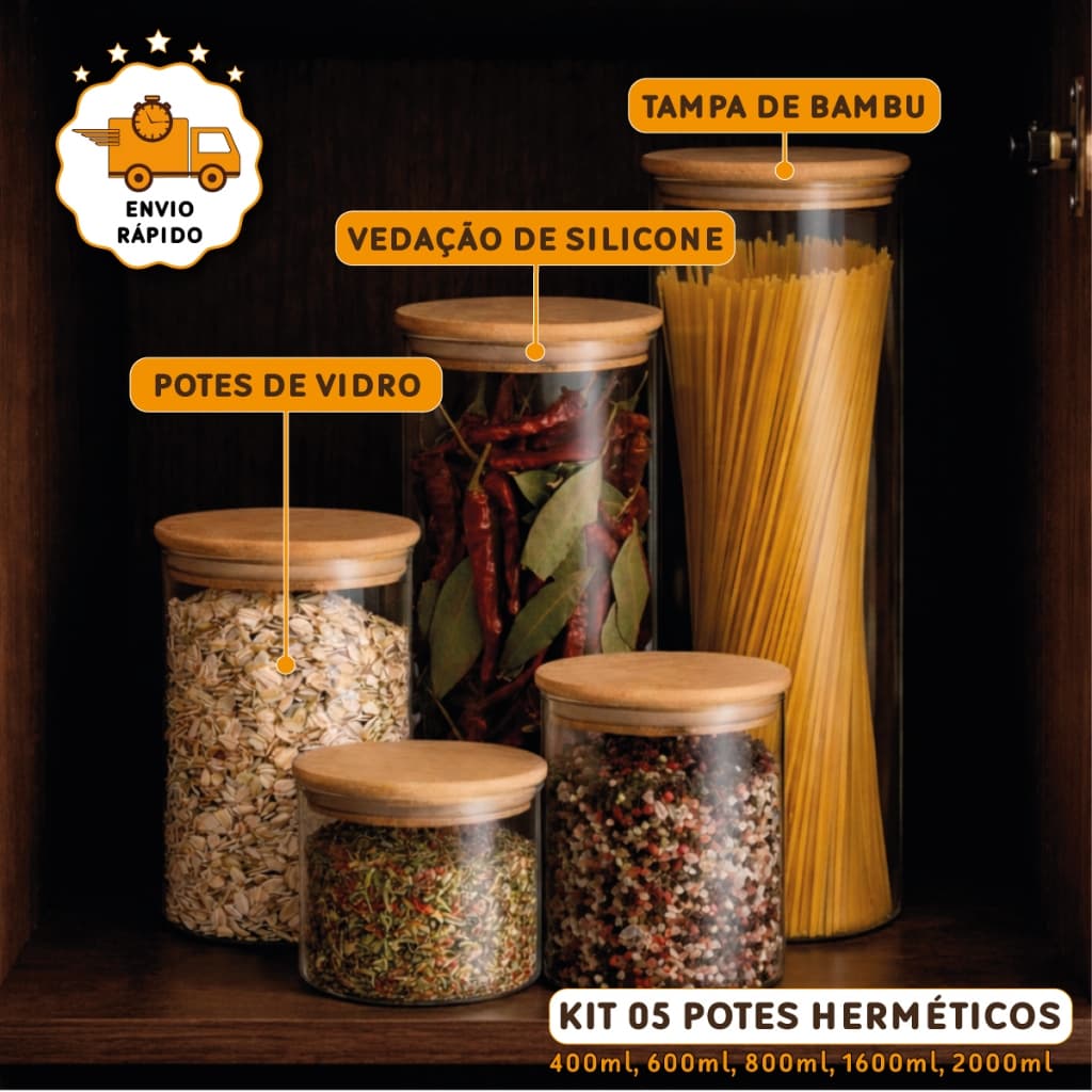 Kit 5 Potes Herméticos Vidro Tampa Bambu Condimentos Organizador Temperos Alimentos Porta Mantimento