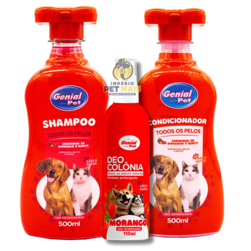 Kit Shampoo Neutro + Condicionador + Colônia Morango para Cães e Gatos Genial Pet