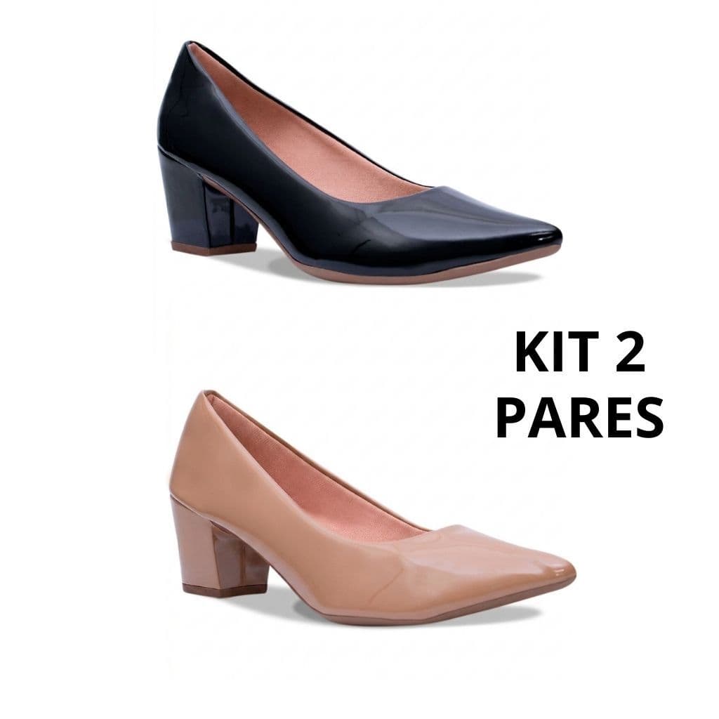 Kit Sapato Scarpin Feminino Bico Fino Salto Baixo Grosso Confortável Verniz Sapato Social Elegante