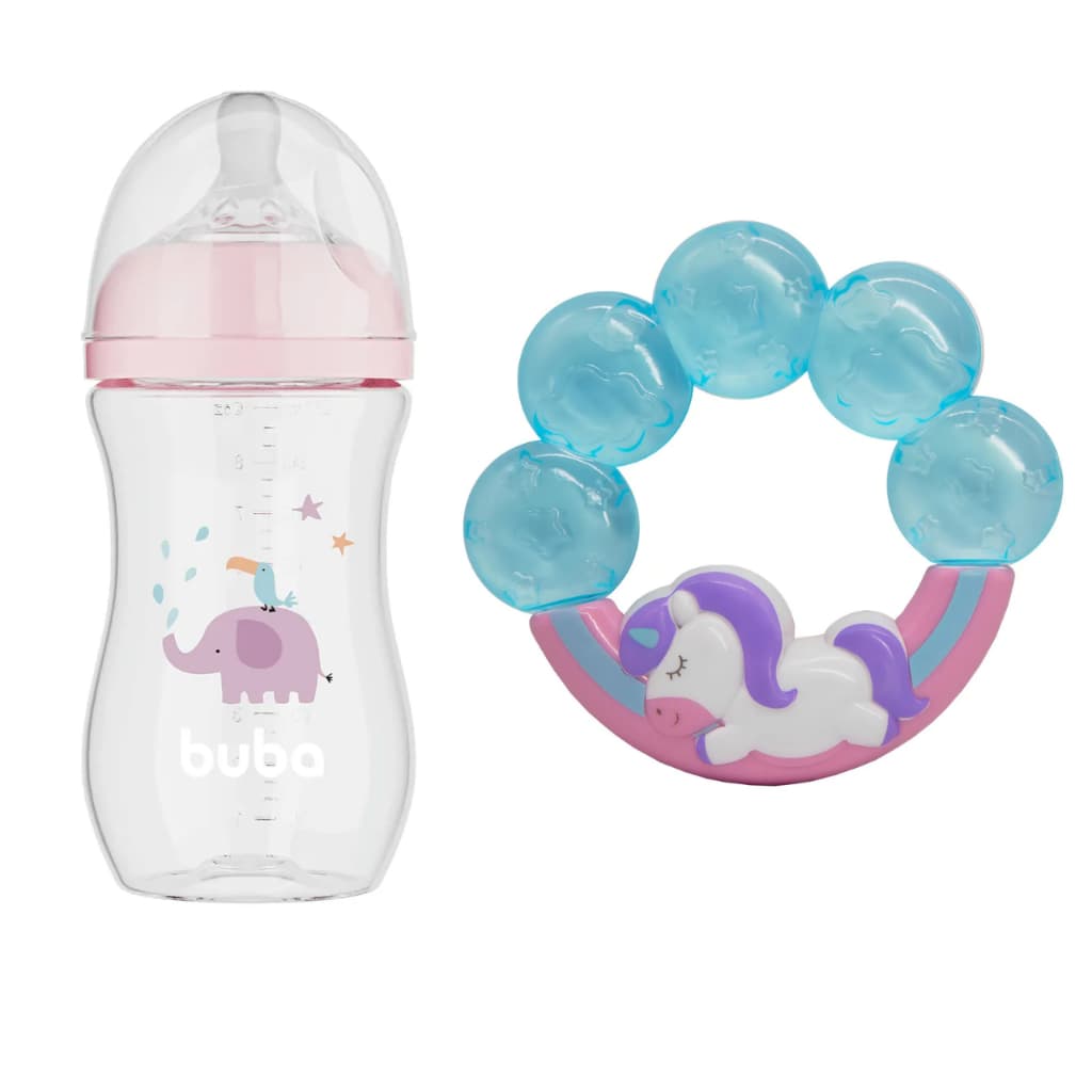 Kit Bebê Buba: Mamadeira Easy Flow 270ml Elefante Rosa + Mordedor Unicórnio Macio