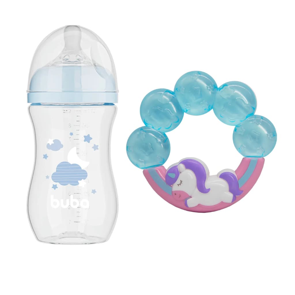 Kit Bebê Buba: Mamadeira Easy Flow 270ml Nuvem Azul + Mordedor Unicórnio Macio