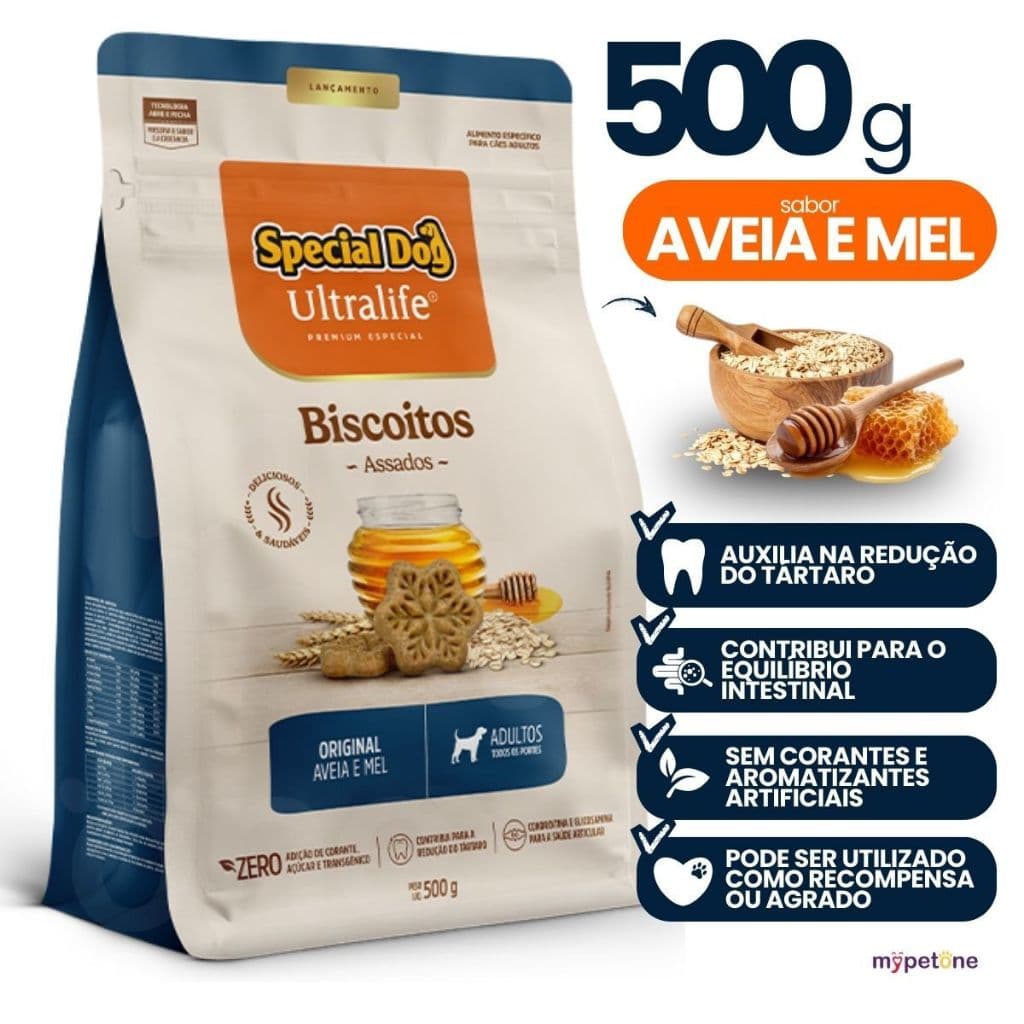 Biscoito Special Dog Ultralife para Cães Adultos Aveia e Mel 500g Petisco Nutritivo para Cachorro