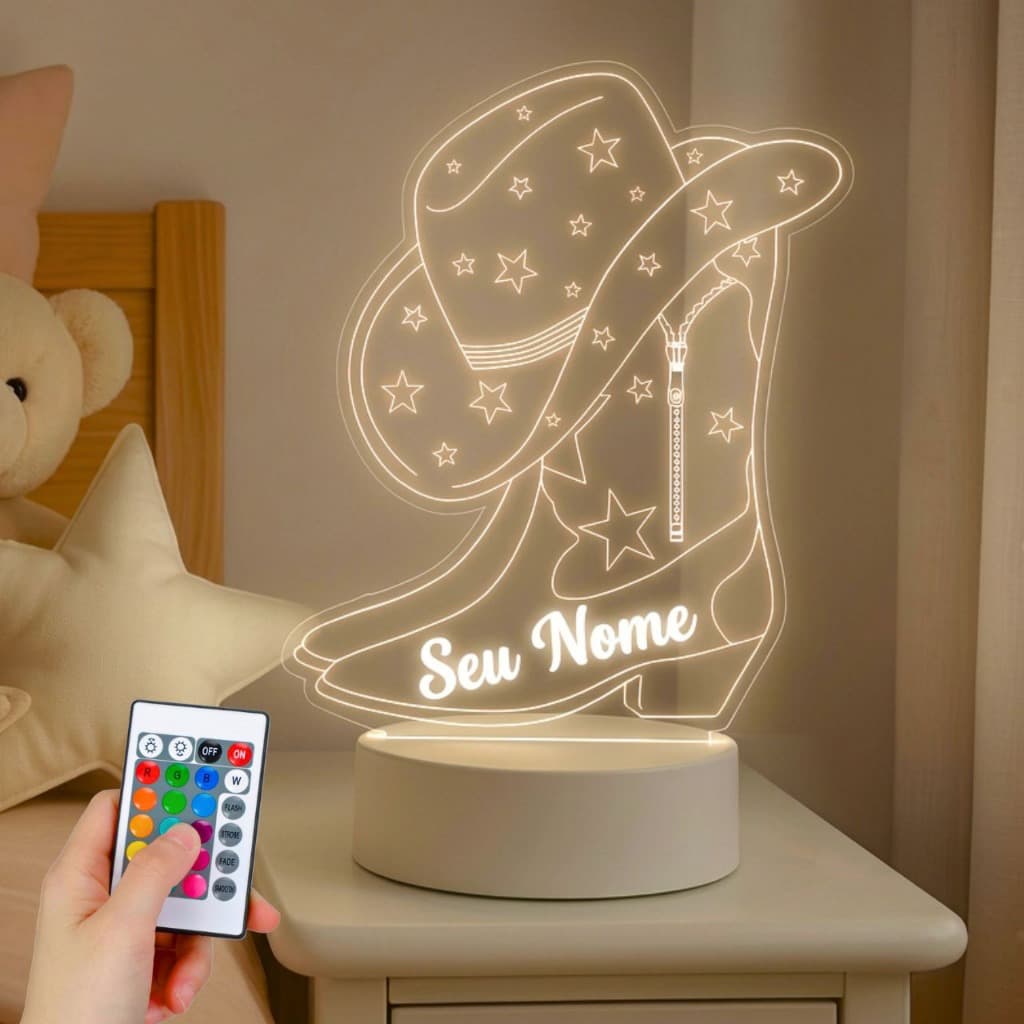 Luminária Boiadeira LED Personalizada Bota e Chapéu Presente Aniversário Decoração Casa Quarto Sala