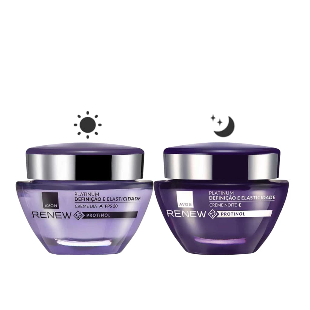 Kit Renew Platinum 55+: Creme Anti-idade Dia FPS20 + Noite 50 g cada | Mini 15 g cada ou avulso