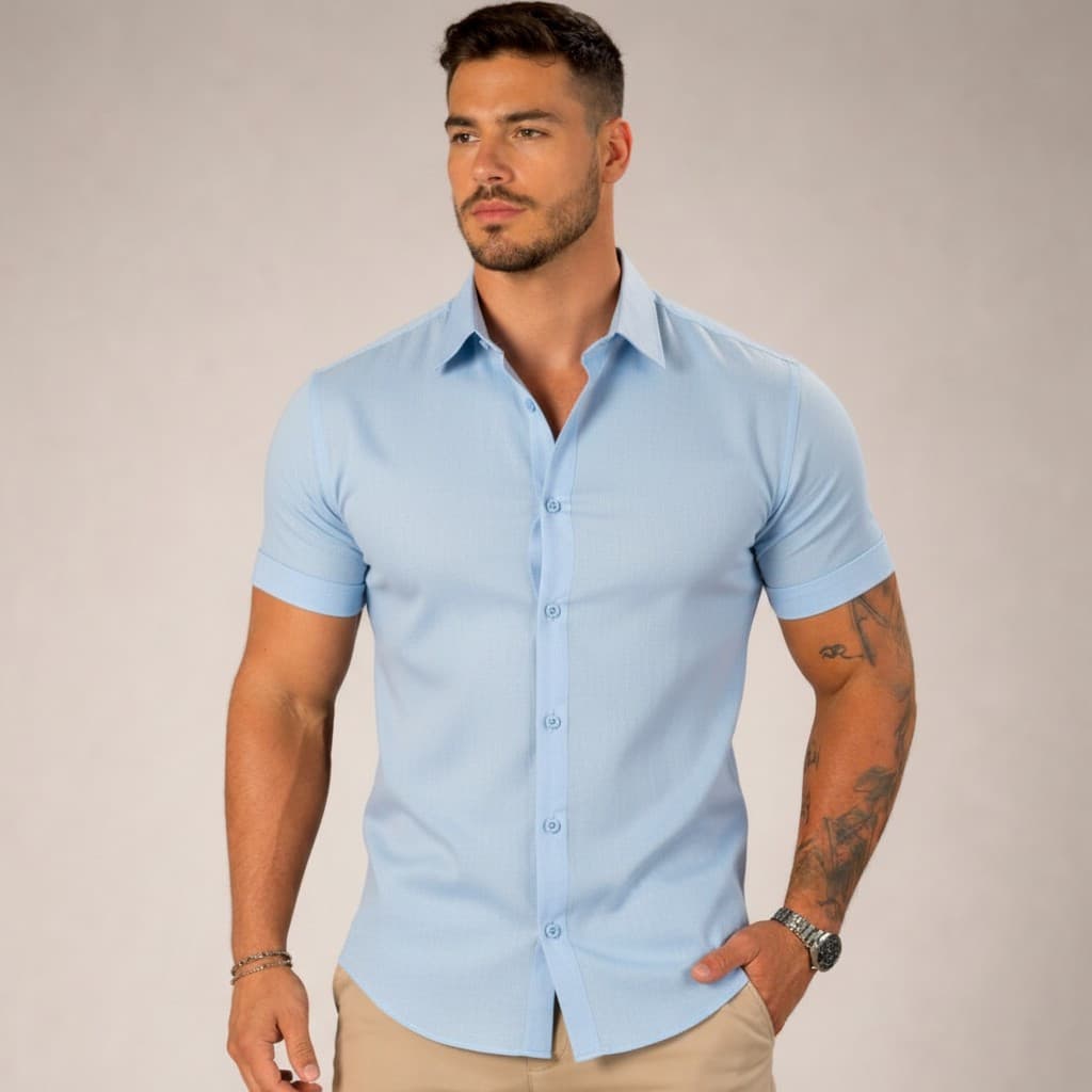 Camisa Social Masculina Slim Manga Curta