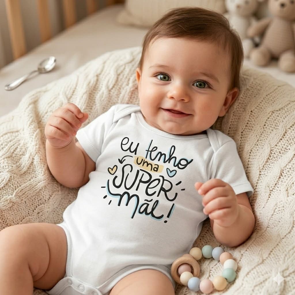 Body Bebê Infantil Frase  Eu Tenho Uma Super Mãe - Roupa de Bebê Menino e Menina