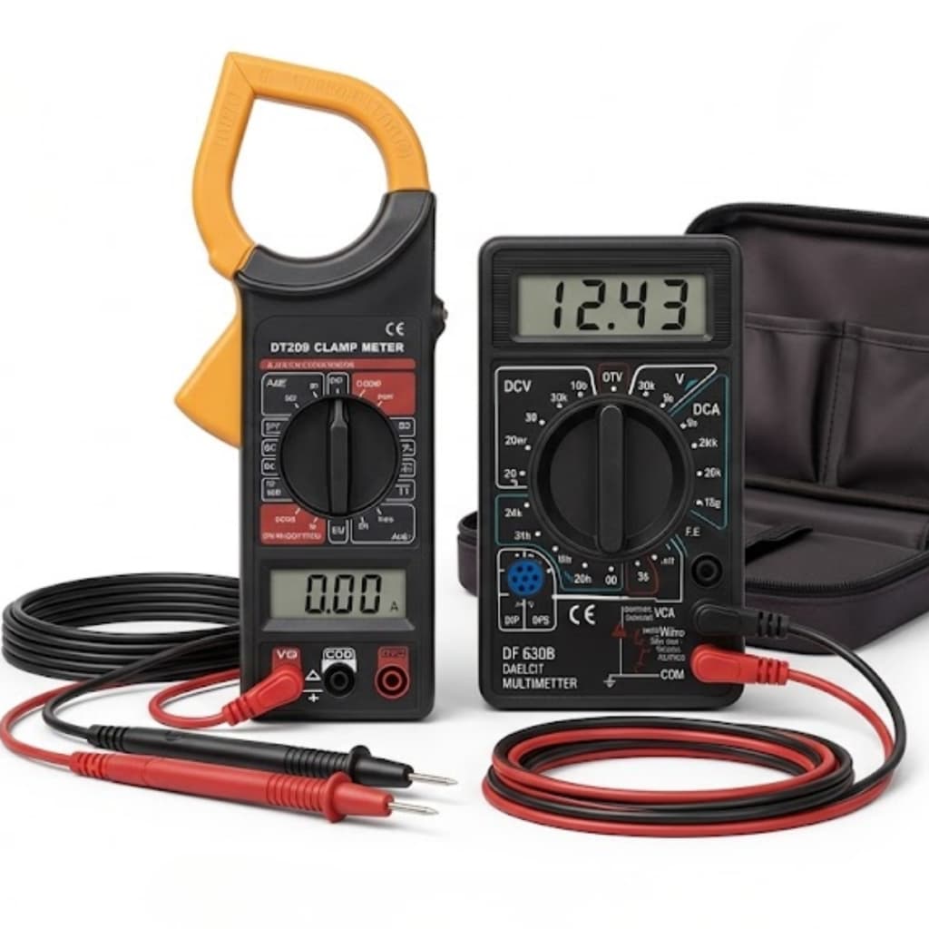 Kit Multimetro Portatil Digital Display Lcd + Amperimetro Alicate Digital Elétrica Energia