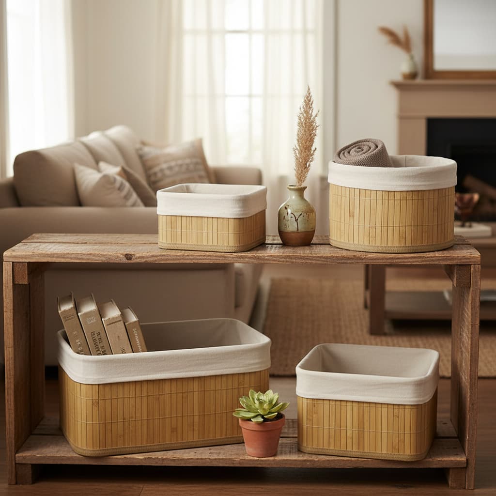 Kit 4 Cestos Organizadores Bambu Multiuso Caixa Organizadora Banheiro Closet Quarto Lavanderia Decorativo Cor Natural