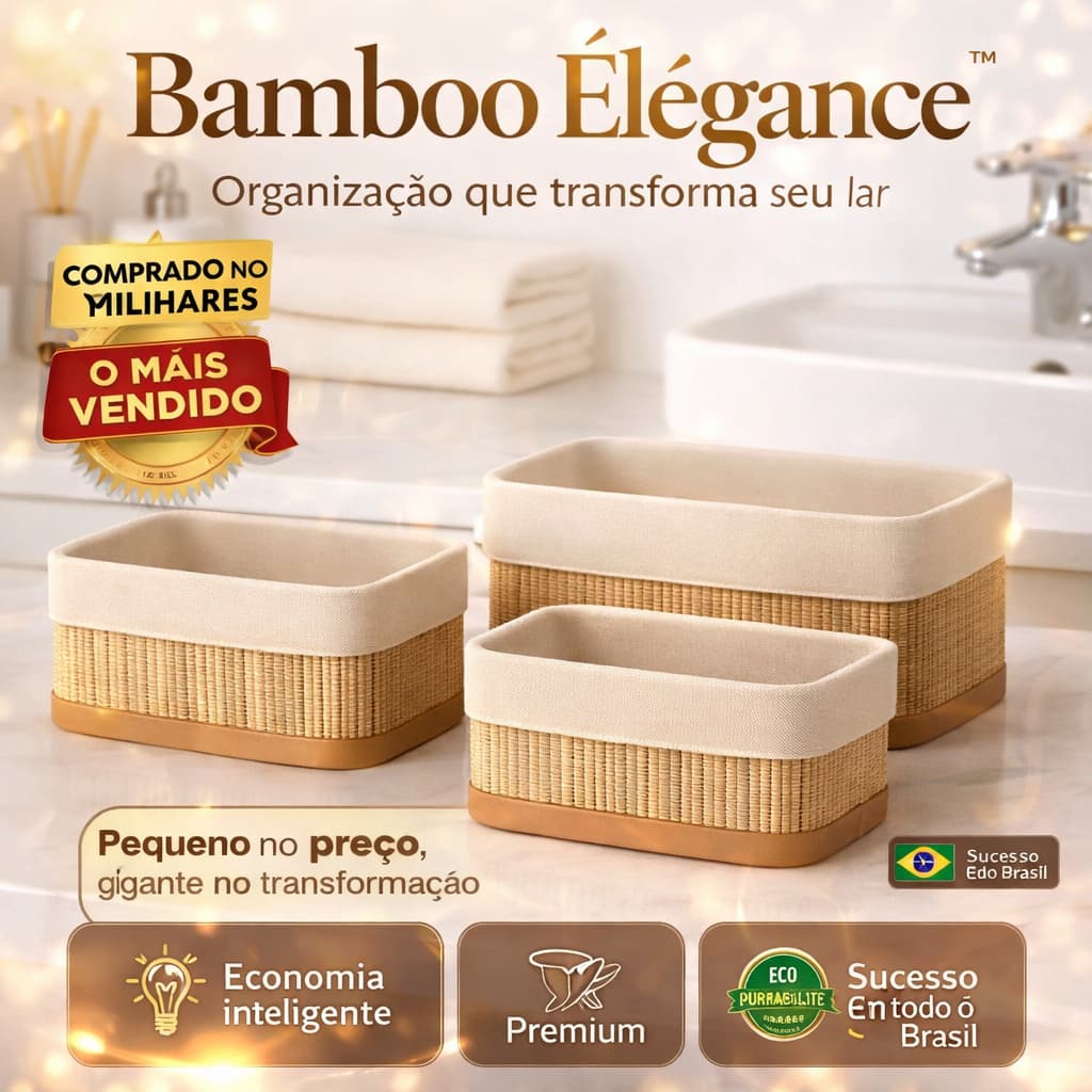 Organizador de Bambu Premium Kit 3 Cestos Multiuso Caixa Decorativa para Cozinha, Banheiro e Quarto