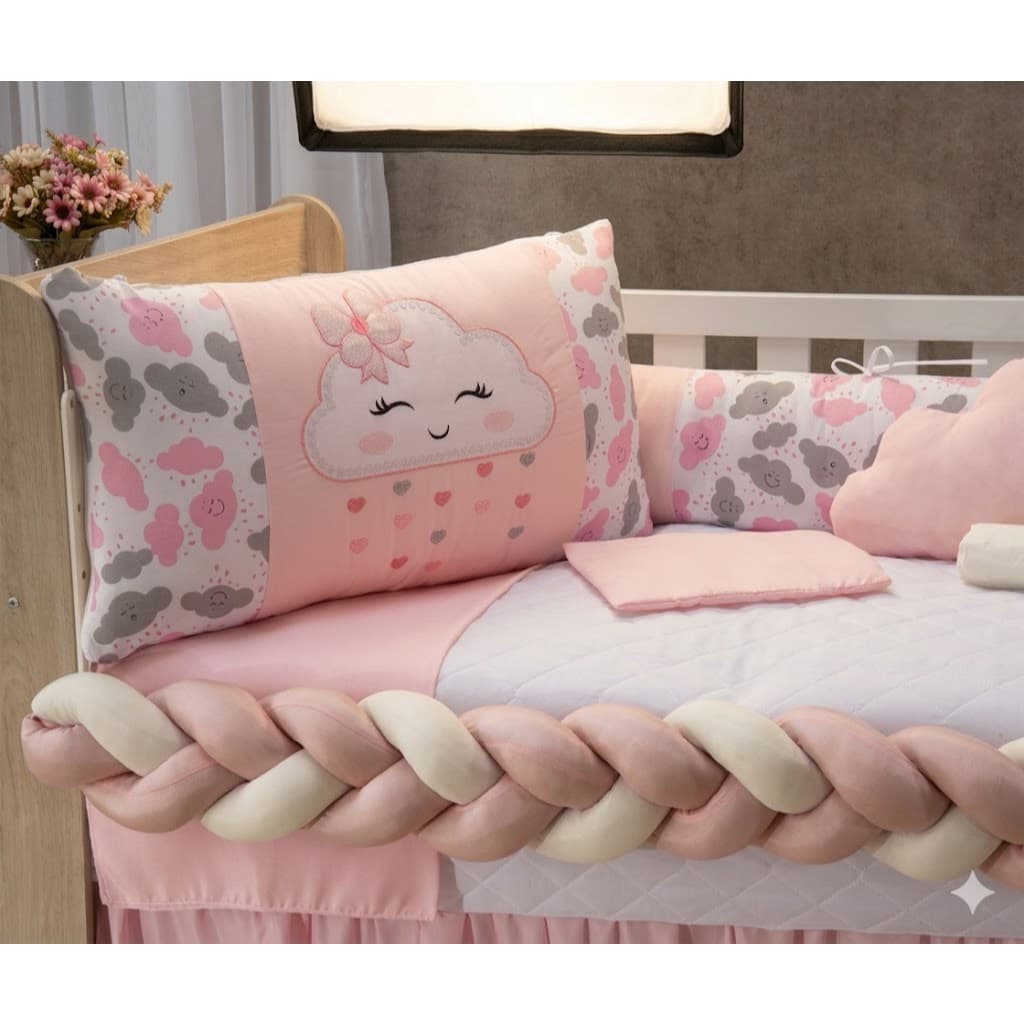 Kit Berço Nuvem Rosa 11 Peças Completo Com Trança Saia e Trocador Enxoval Bebê Menina Americano Nacional