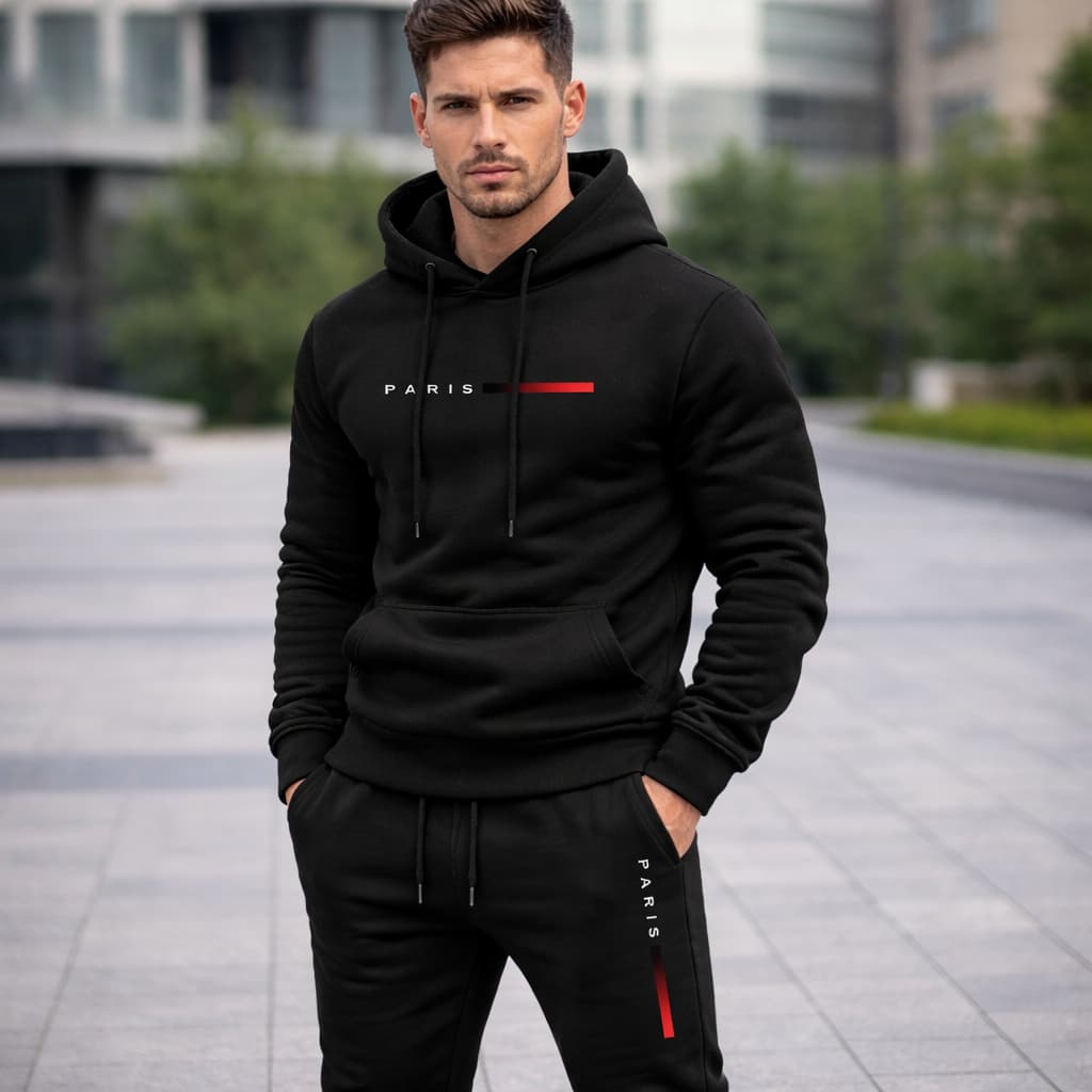 Kit Conjunto Moletom Canguru e Calça Moletom Jogger Estampado Paris Minimalista Streetwear Y2k
