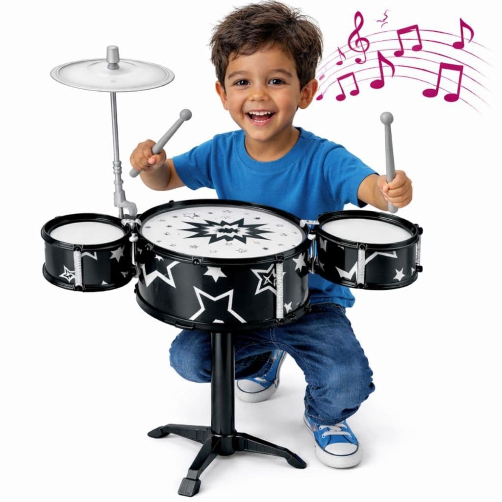 Bateria Infantil Musical 3 Tambores com Baquetas Educativa Brinquedo Som Várias Cores
