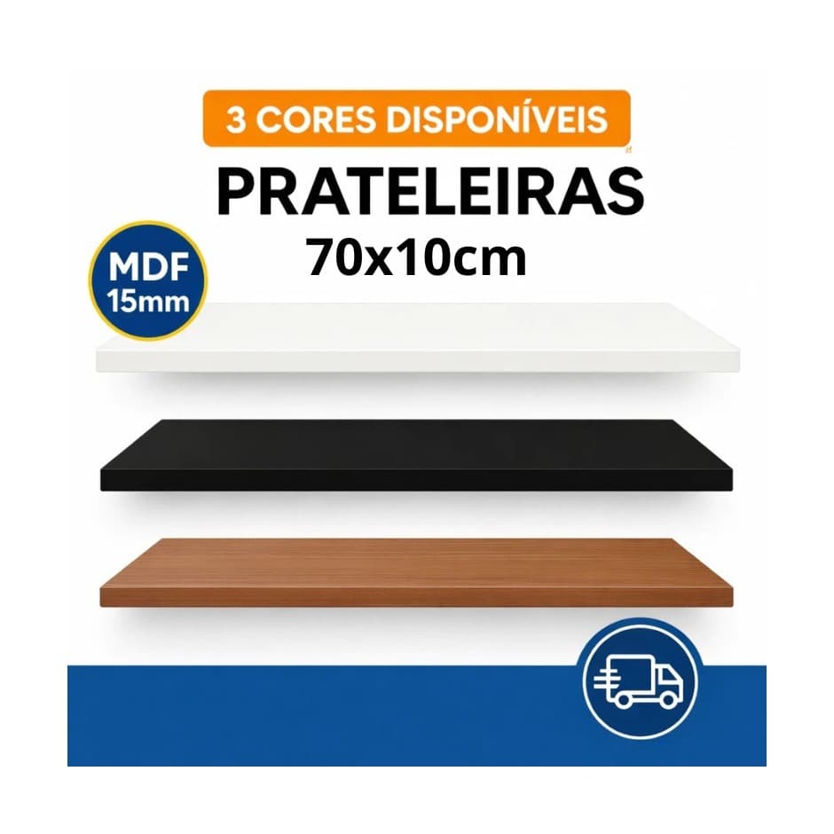 Prateleira 70x10cm Organizadora de Parede MDF 15MM para Quarto Cozinha Sala Banheiro com Suporte Branca Preta Freijó