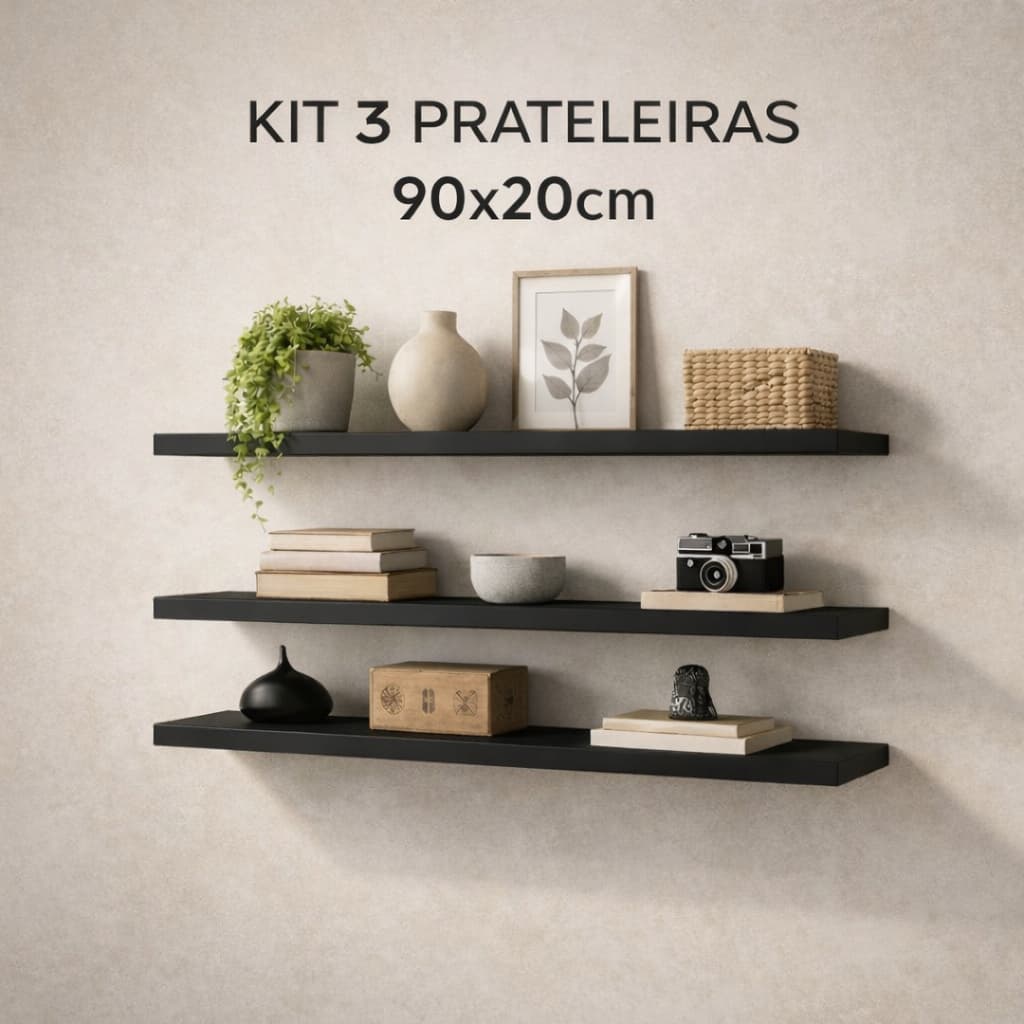 Prateleira de Parede 90x20cm MDF 15mm Branco ou Preto com Suporte Invisível Premium