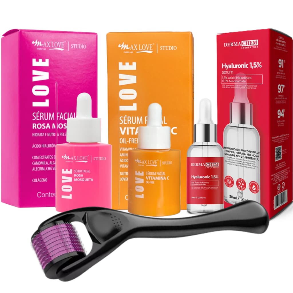 Kit Microagulhamento Facial Dermaroller + Vitamina C + Rosa Mosqueta + Ácido Hialurônico Rejuvenescimento Rugas Completo