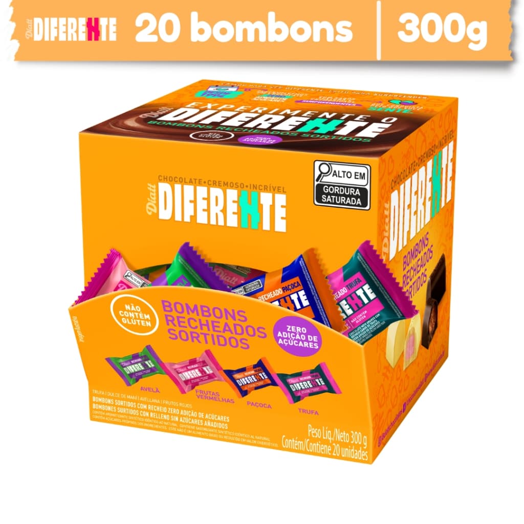 Caixa Bombom Chocolate Zero Açúcar Diferente Diatt 20un de 15g Sortidos Sem Glúten Saudável
